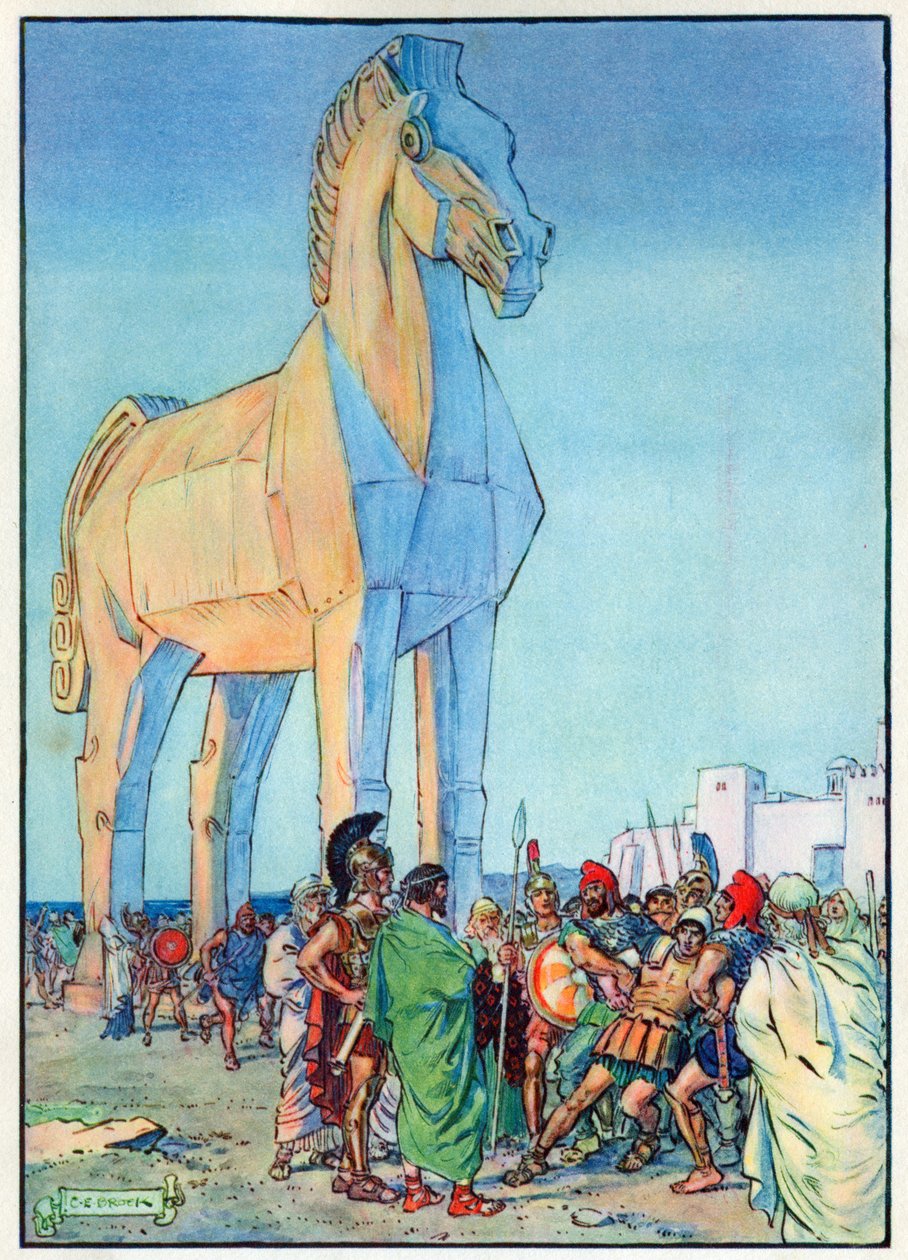 A trójai faló, a „Gyermekóra: Történetek a klasszikusokból” című művéből, a Waverley Book Company kiadása alkotó: Charles Edmund Brock
