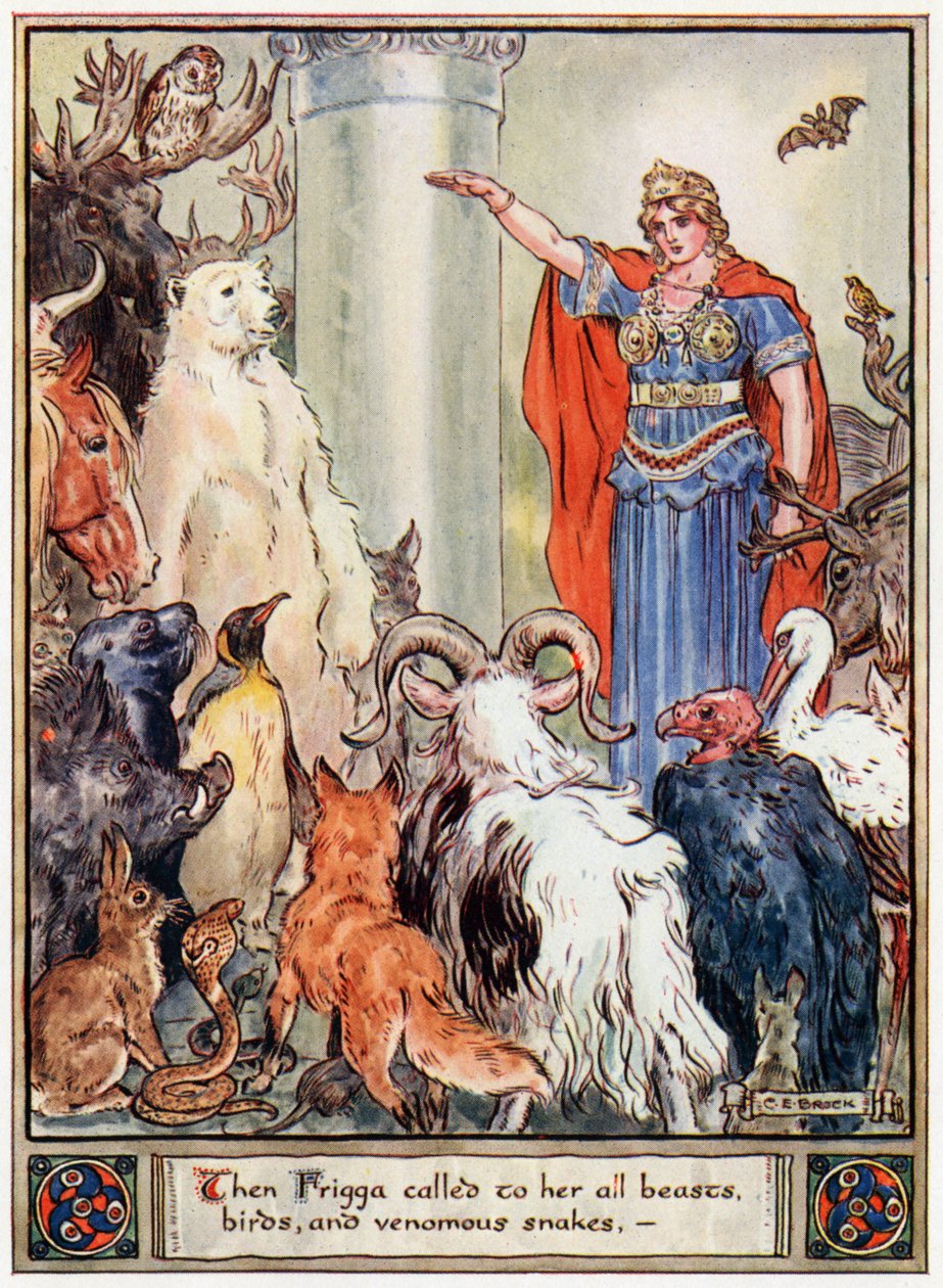 „Akkor Frigga magához hívta az összes vadállatot, madarat és mérges kígyót”, illusztráció az „Asgard hősei, mesék a skandináv mitológiából” című könyvéből, A und E Keary, 1930 alkotó: Charles Edmund Brock