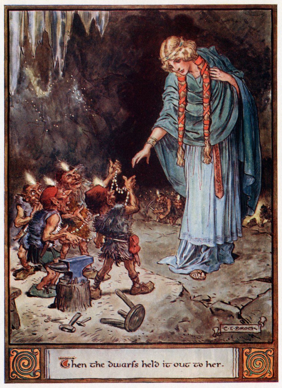 „Akkor a törpék kinyújtották neki”, illusztráció az „Asgard hősei, mesék a skandináv mitológiából” című könyvéből, A und E Keary, 1930 alkotó: Charles Edmund Brock
