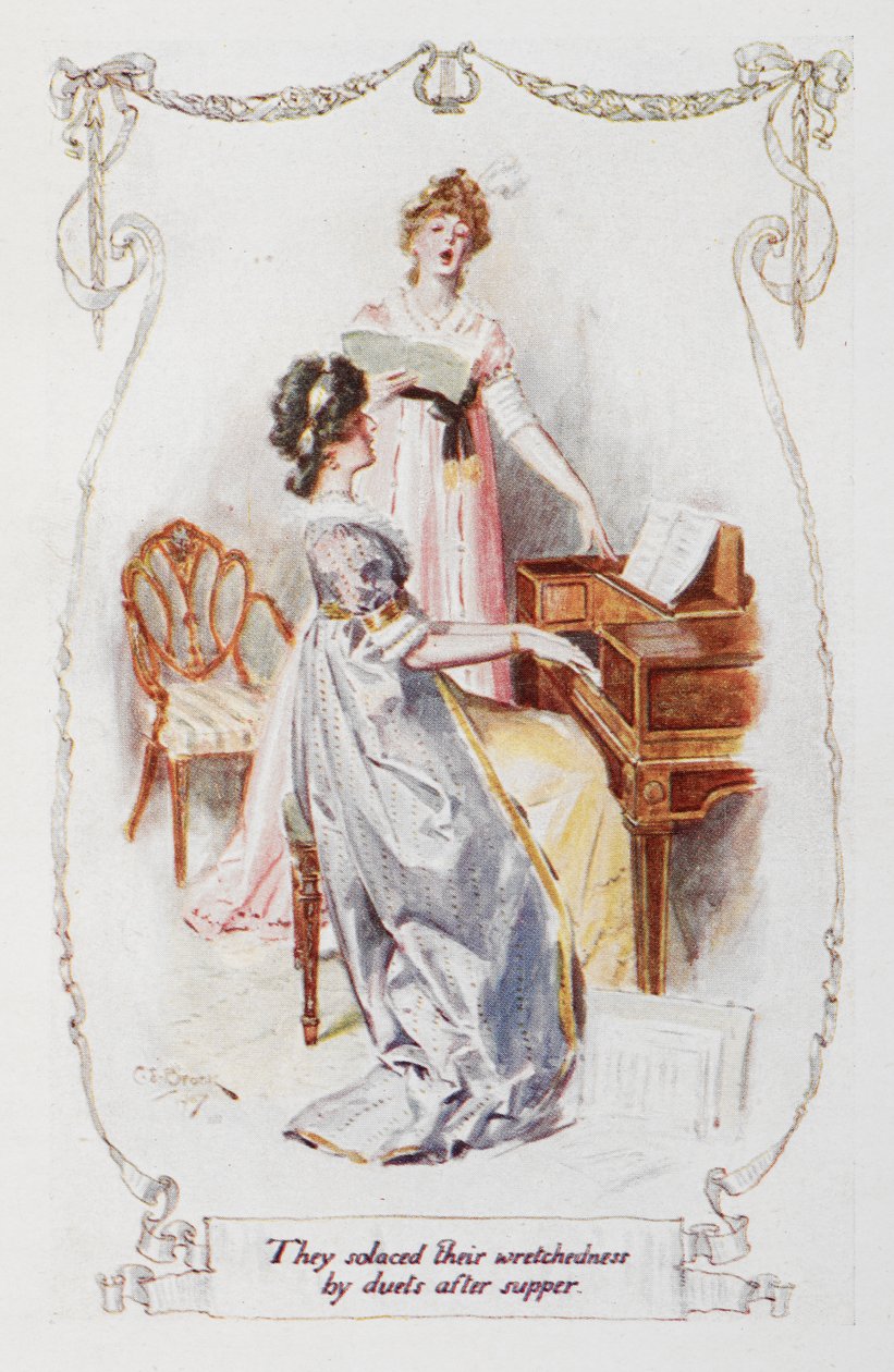 Nyomorultságukat vacsora utáni duettekkel enyhítették, illusztrációja Jane Austen Büszkeség és balítélet című művéhez. alkotó: Charles Edmund Brock