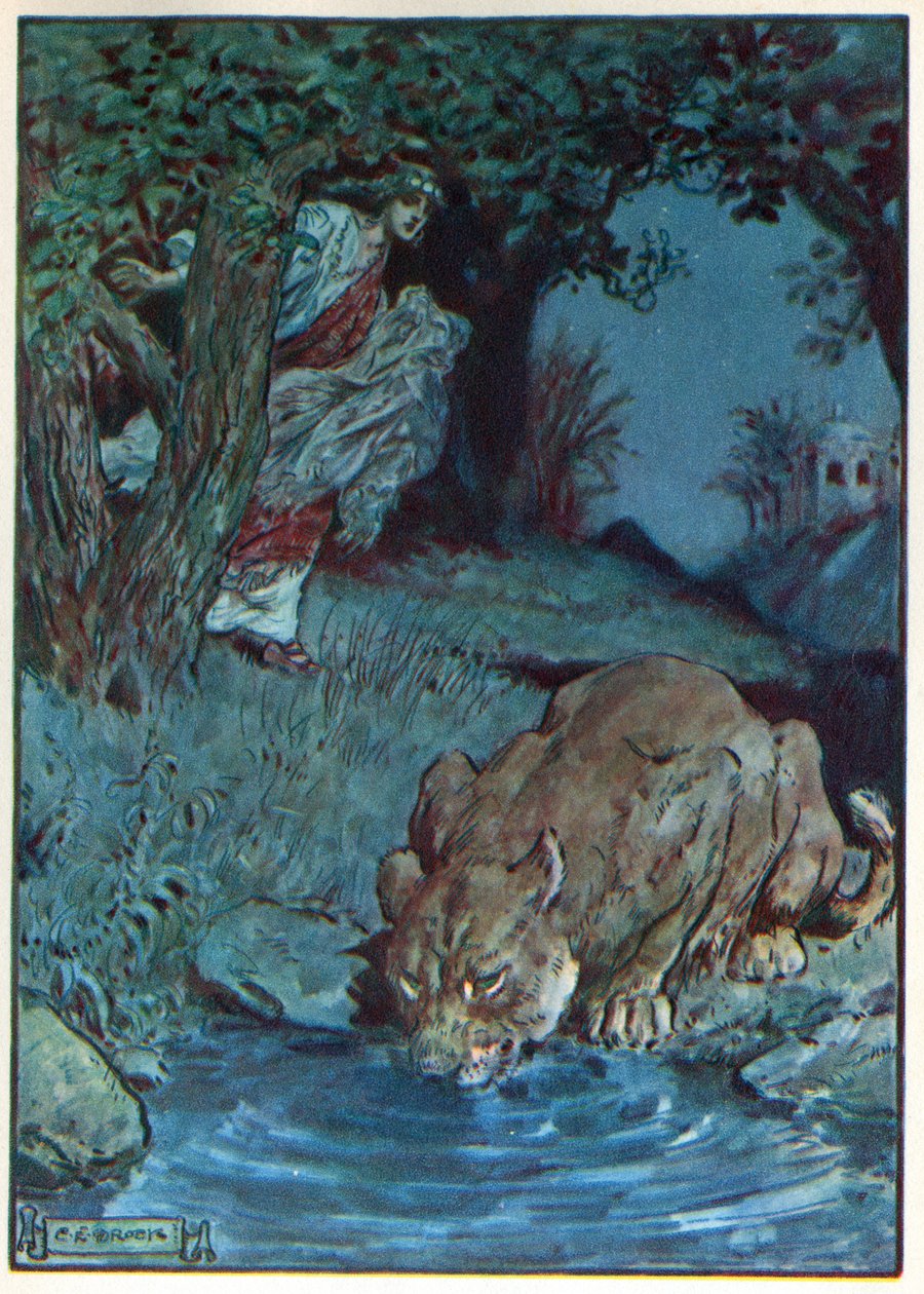 Thisbe és az oroszlán, a "Gyermekóra: Történetek a klasszikusokból" című könyvből, a Waverley Book Company kiadásában alkotó: Charles Edmund Brock
