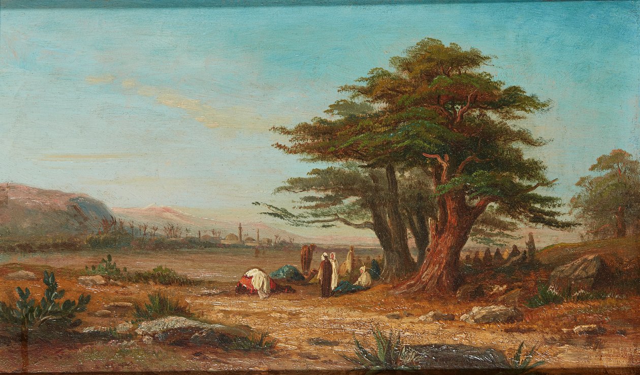 Tábor felállítása pihenő tevékkel (olaj a panelen) alkotó: Charles Edouard (attr.to) Frere