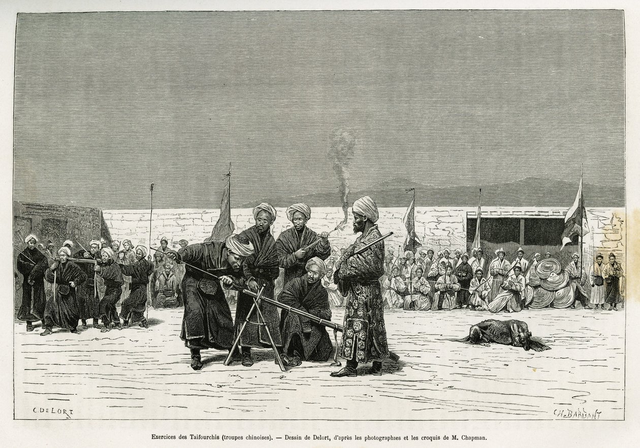 Gyakorlatok a kínai hadsereg által felfegyverzett és kiképzett csapatok Taifourchi sáncpuskáinak manipulálására, Delort rajza egy kacsgari (vagy Kashiban, Kínában) 1873-74-es angol nagykövetség emlékeinek illusztrálására, Mr. Chapman és Gordon által. Metsz alkotó: Charles Edouard Delort