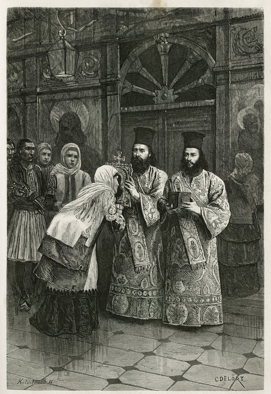 Pritres csókot ad a szentképekre, Ch.Delort metszet, Henri Belle 1861-es, 1868-as és 1874-es görögországi utazásának illusztrálására, a tour du monde-ban, Edouard Charton irányítása alatt. alkotó: Charles Edouard Delort