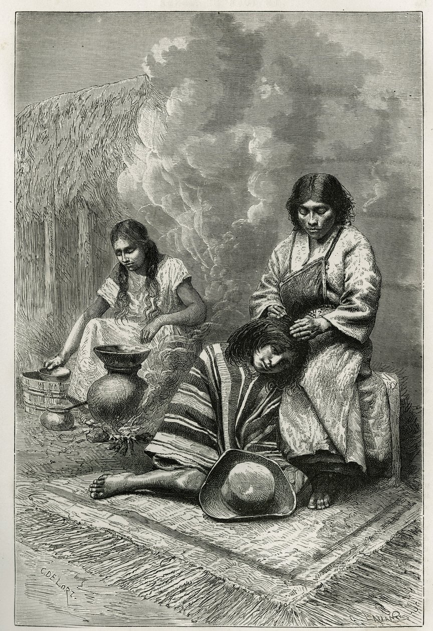 Egy gyermek elrontása édesanyja által és nád eau de vie (rum) gyártása Cali közelében (Cauca Valley, Kolumbia), Ch.Delort metszet, E.Andre Equinoxiale America történetének illusztrálására, missziós megbízatással a francia kormány közzétette alkotó: Charles Edouard Delort