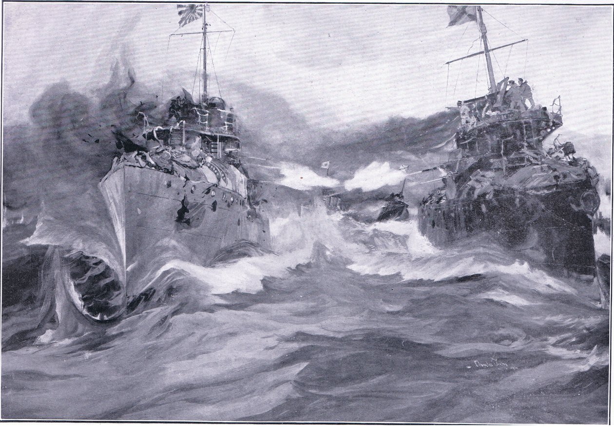 Pusztítók harca, illusztráció: Cassells Az orosz-japán háború története, 1. kötet, 1900 körül alkotó: Charles Edward Dixon
