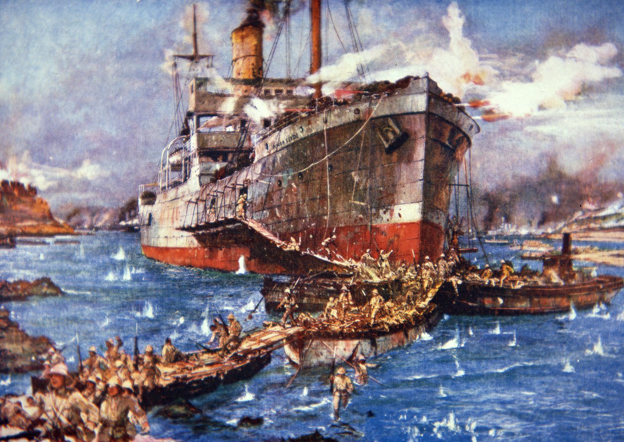 A Clyde folyó brit csapatai partra szállnak a gallipoli V Beach-en, 1915. április 25-én (színes litó) alkotó: Charles Edward Dixon