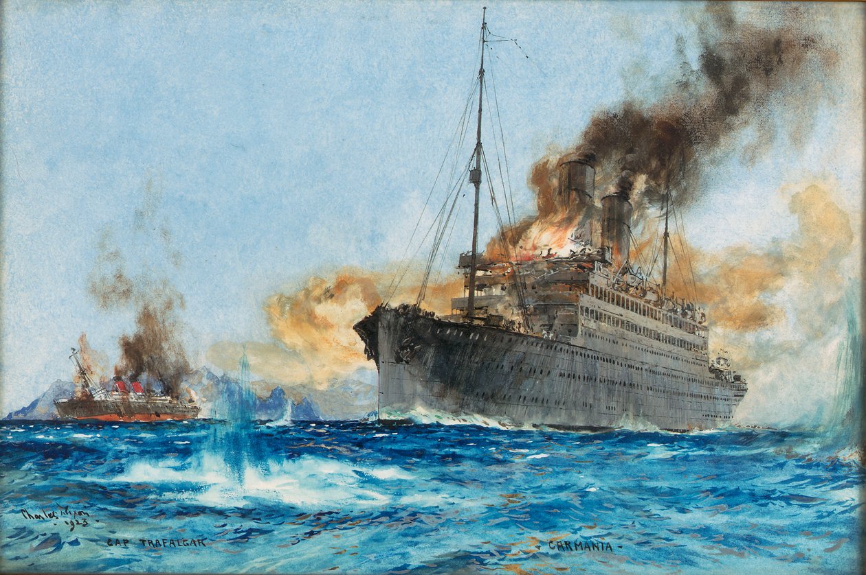 A "Carmania" elsüllyeszti a "Cap Trafalgar"-t Trinidade előtt az Atlanti-óceán déli részén. alkotó: Charles Edward Dixon