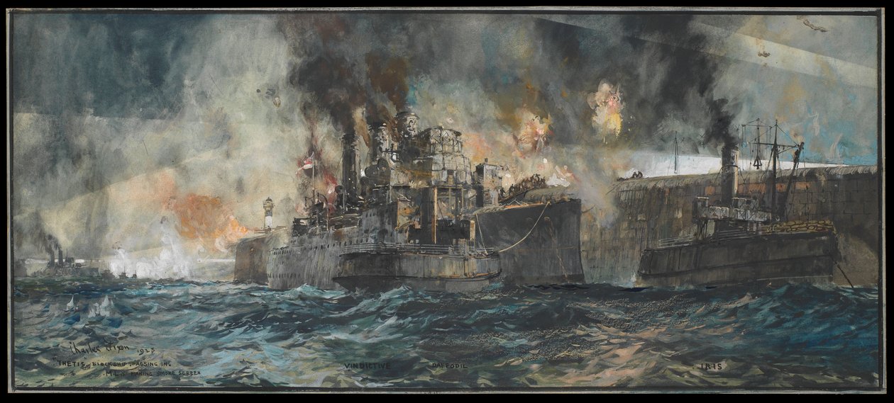 HMS "Vindictive" a Mole mellett, Zeebrugge, 1918. április 23. alkotó: Charles Edward Dixon