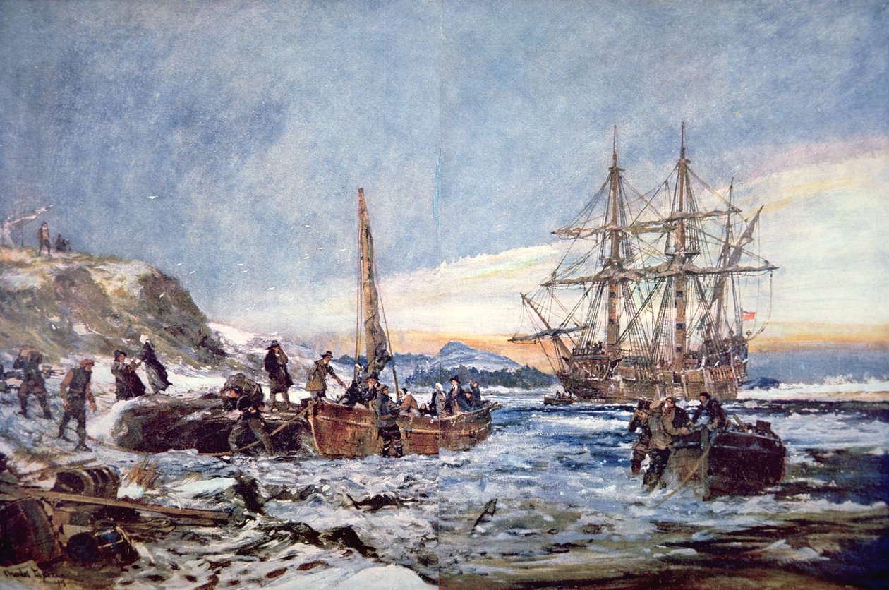 A Zarándokatyák partraszállása Plymouthban, Új-Angliában 1620-ban (akvarell, papír) alkotó: Charles Edward Dixon