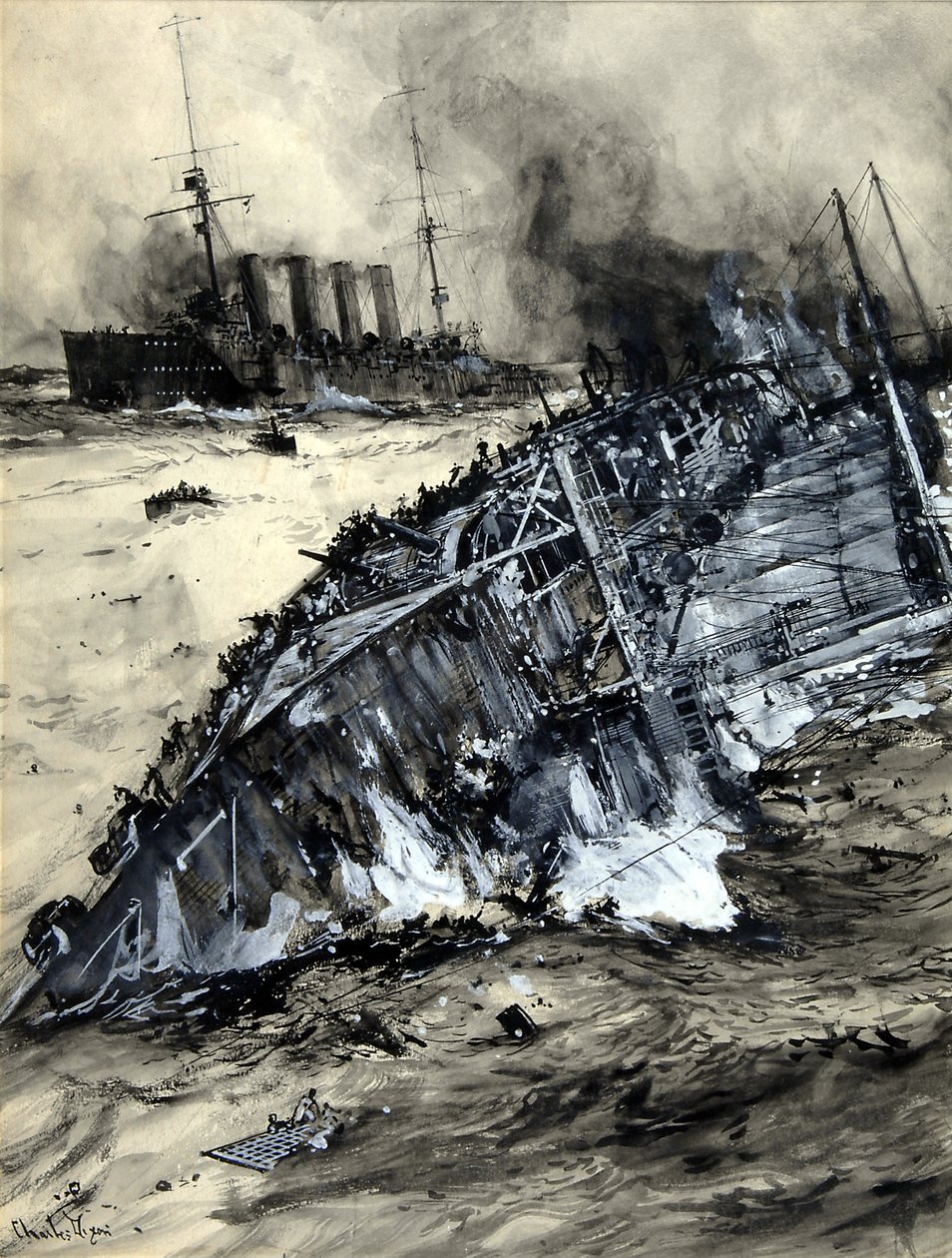 A HMS Hogue, Cressy és Aboukir elsüllyedése (wc papíron) alkotó: Charles Edward Dixon
