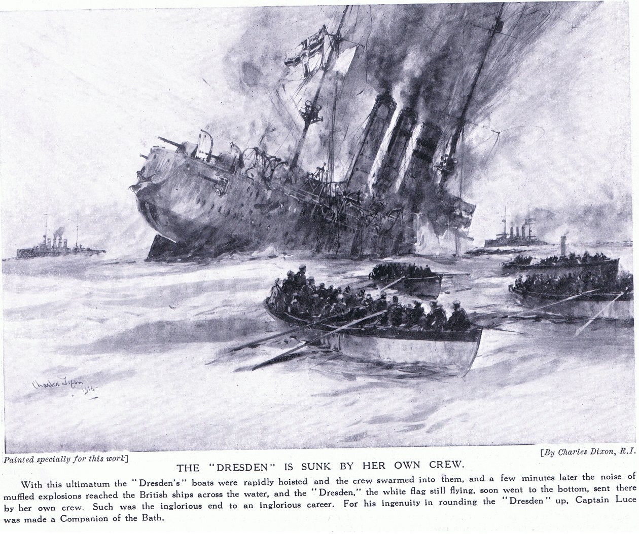 A Drezdát saját legénysége elsüllyesztette 1915 márciusában alkotó: Charles Edward Dixon