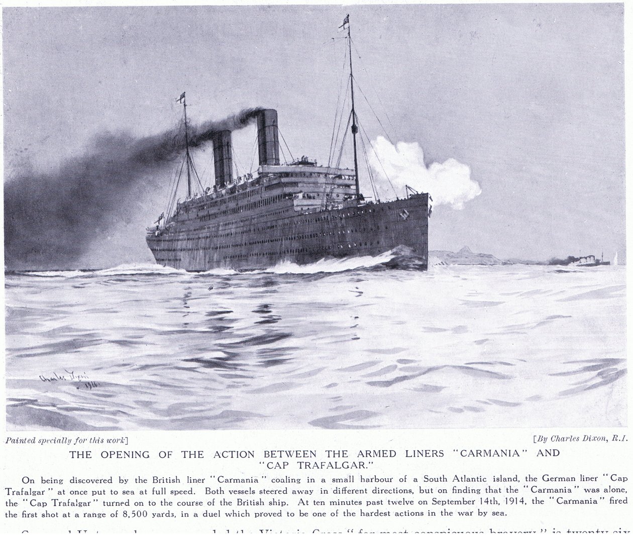A nyitóakció a Carmania és a Cap Trafalgar fegyveres hajók között, Dél-Atlanti-óceánon, 1915. szeptember alkotó: Charles Edward Dixon