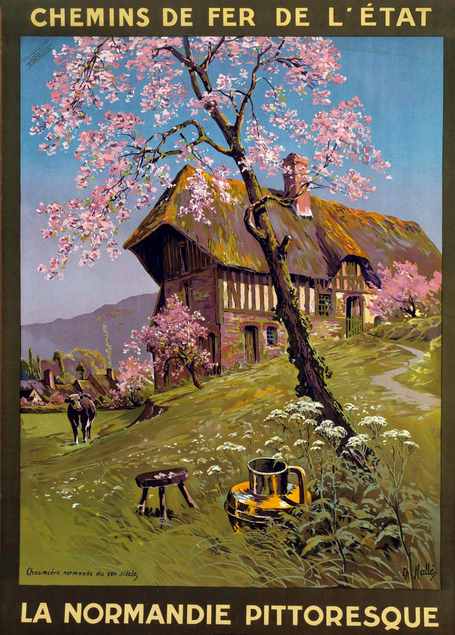 Charles Edward Halle (1846-1919) plakátja az Állami Vasút számára – Festői Normandia: 17. századi házikó a normandiai vidéken. 19. századi magángyűjtemény - Charles Edward Halle (1846-1919) plakátja az Állami Vasút számára, festői Nor alkotó: Charles Edward Halle