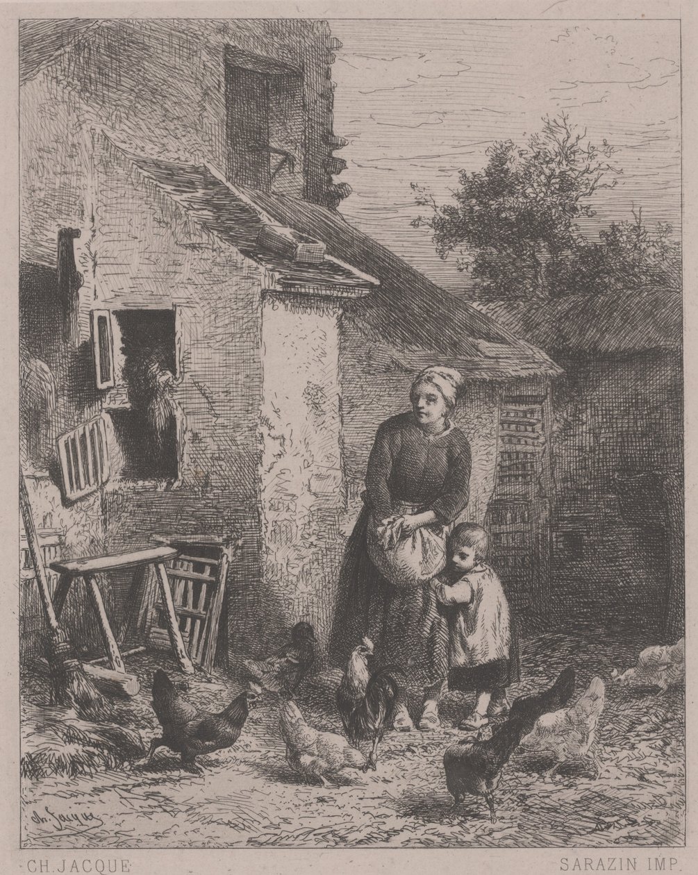 A Corner of Court, vagy Un Coin de Cour (rézkarc, gravírozás és szárazhús) alkotó: Charles Emile Jacque