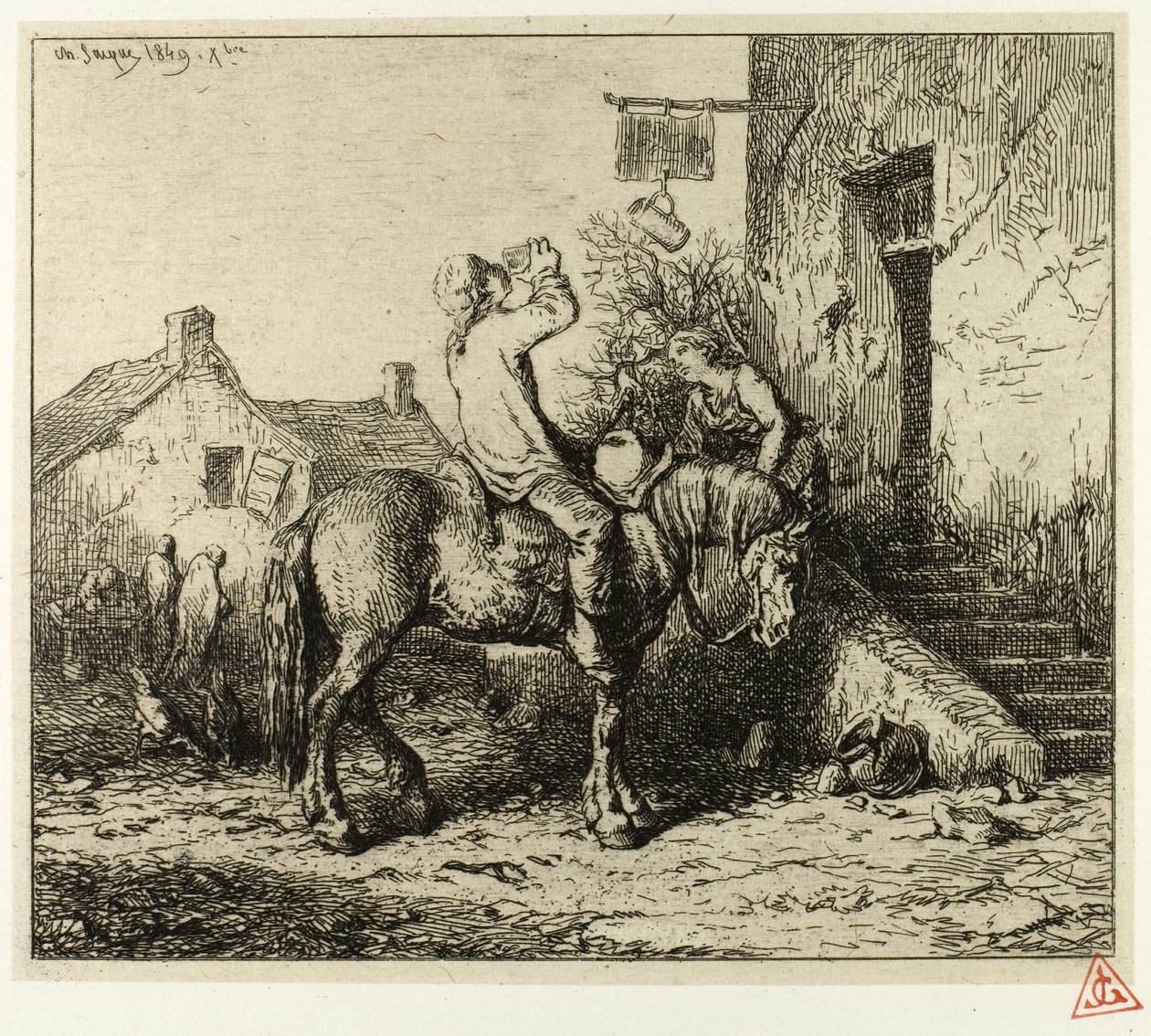 Bejárat egy fogadóba, paraszti italozással alkotó: Charles Emile Jacque
