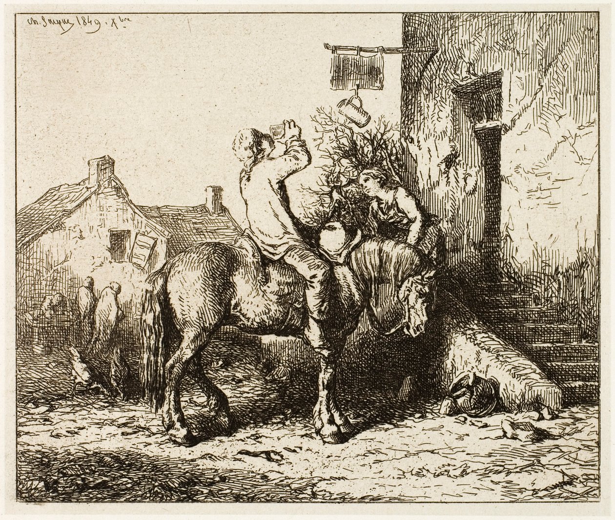 Bejárat egy fogadóba, paraszti italozással alkotó: Charles Emile Jacque