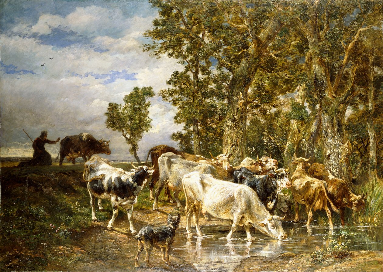 Tehéncsorda egy ivómedencében, alkotó: Charles Emile Jacque