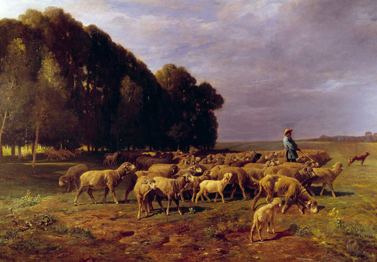 Birkacsorda a tájon vagy „” Pásztor birkacsordát hajt a síkságon”” Charles Jacque (1813-1894) festménye 19. század V. 1,76x2,8 m alkotó: Charles Emile Jacque