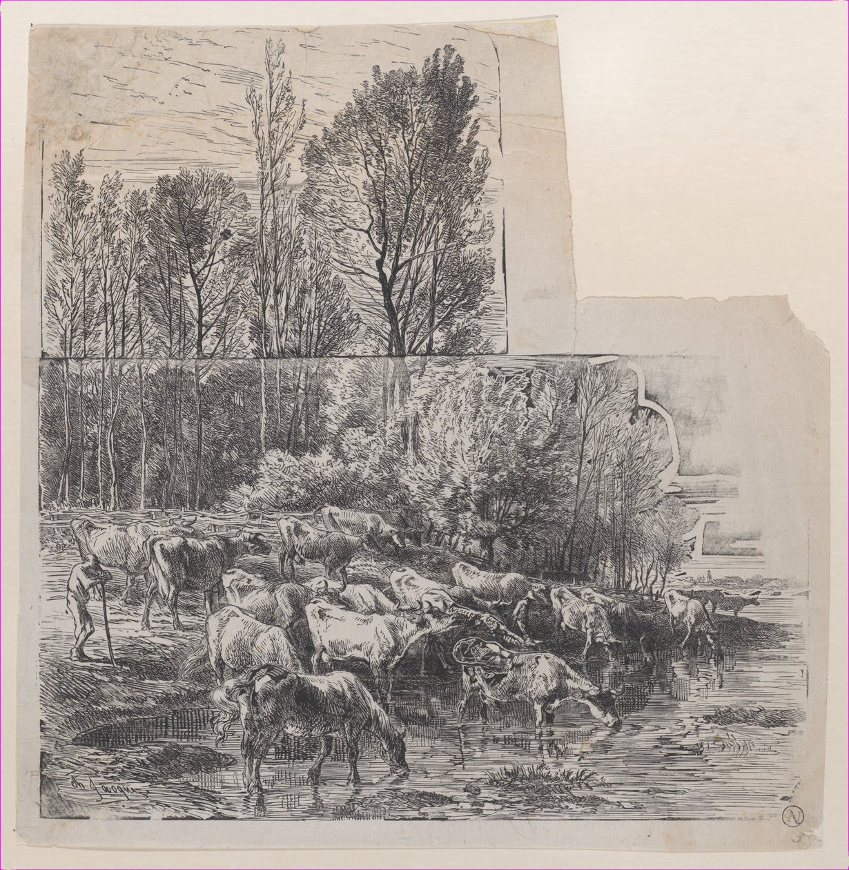 Pásztor és szarvasmarha a Fordnál, kb. 1850. alkotó: Charles Emile Jacque