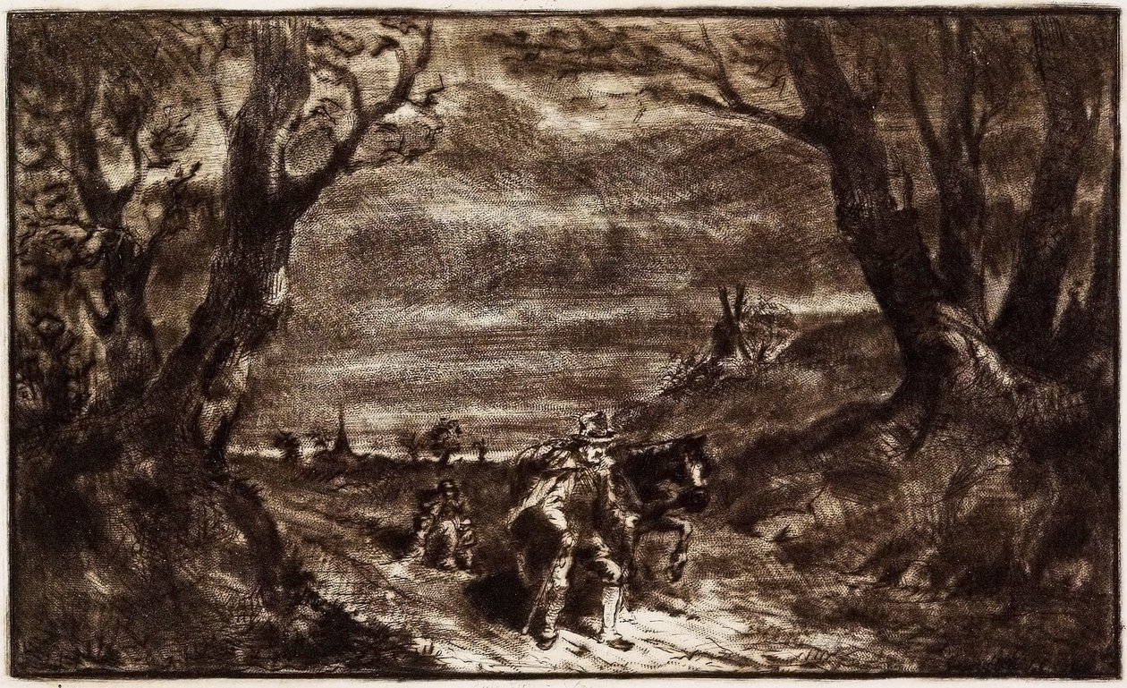 Ember vezető ló, 19. század (rézkarc, szárazhegy és rulett) alkotó: Charles Emile Jacque