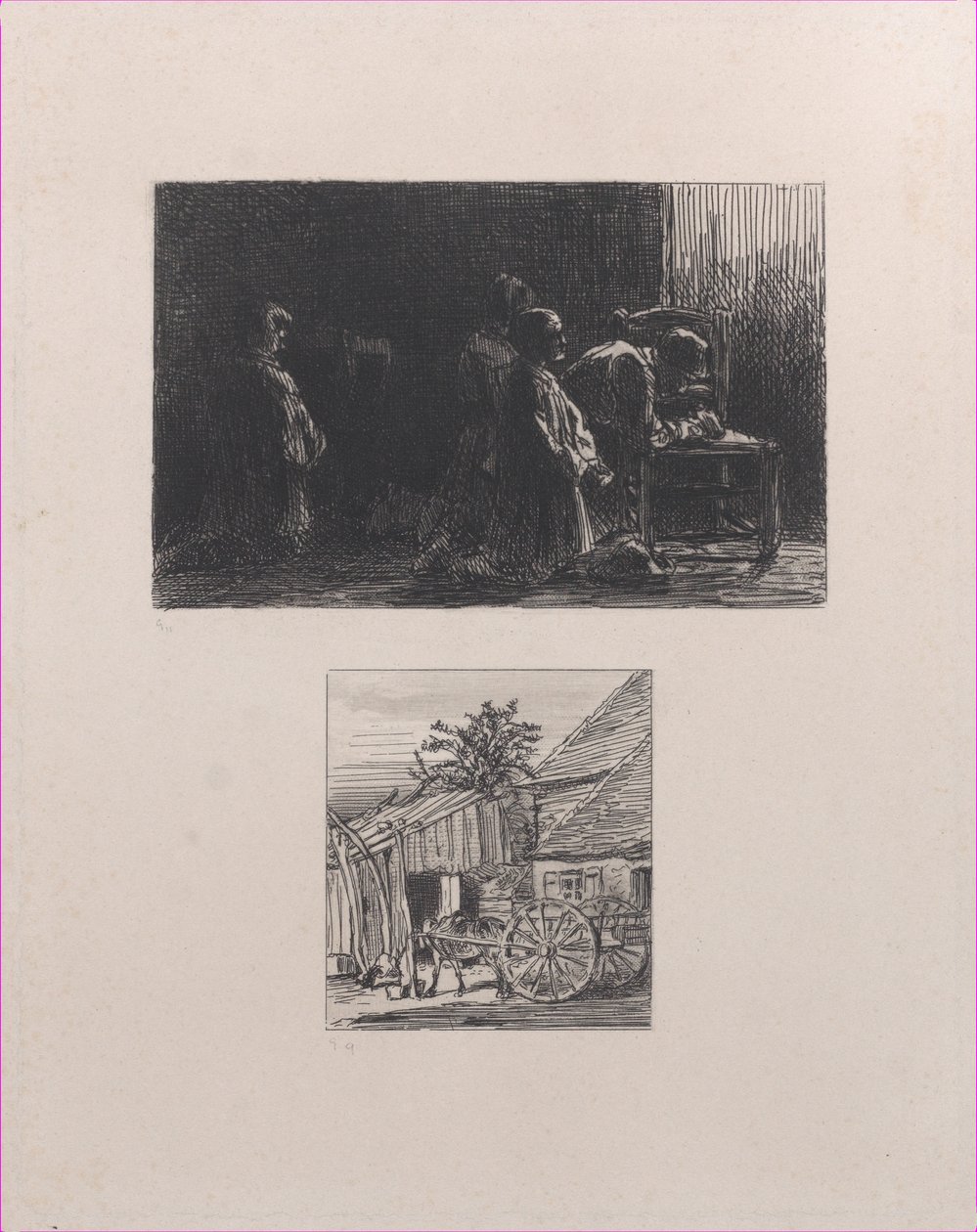Felső ima, alsó szekér a ház előtt, 1845. alkotó: Charles Emile Jacque