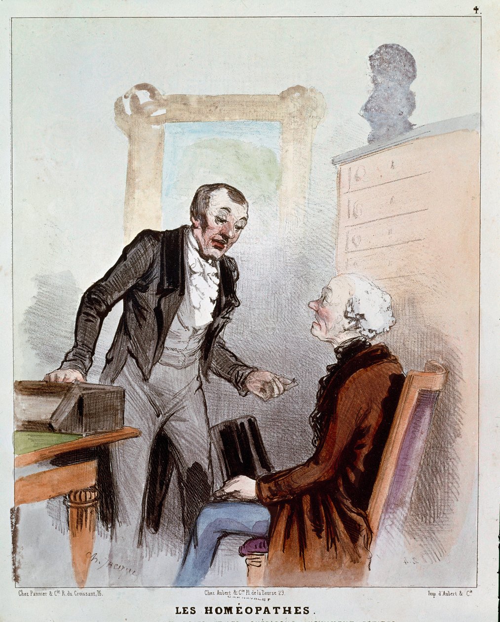 „Betegek és orvosok” sorozat: homeopaták. Rajzfilm egy orvosról, aki homeopátiás gyógyszert ír fel egy betegnek. Charles Jacques metszete alkotó: Charles Emile Jacque
