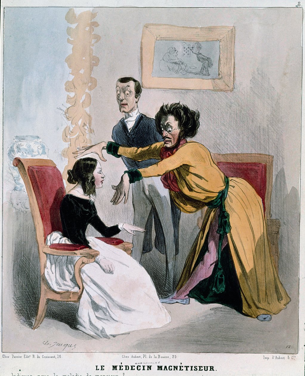 Serie "" betegek és orvosok"": a mágneses orvos. Rajzfilm egy hipnotizőrről a hipnózis közepette egy betegről. Charles Jacques metszete alkotó: Charles Emile Jacque