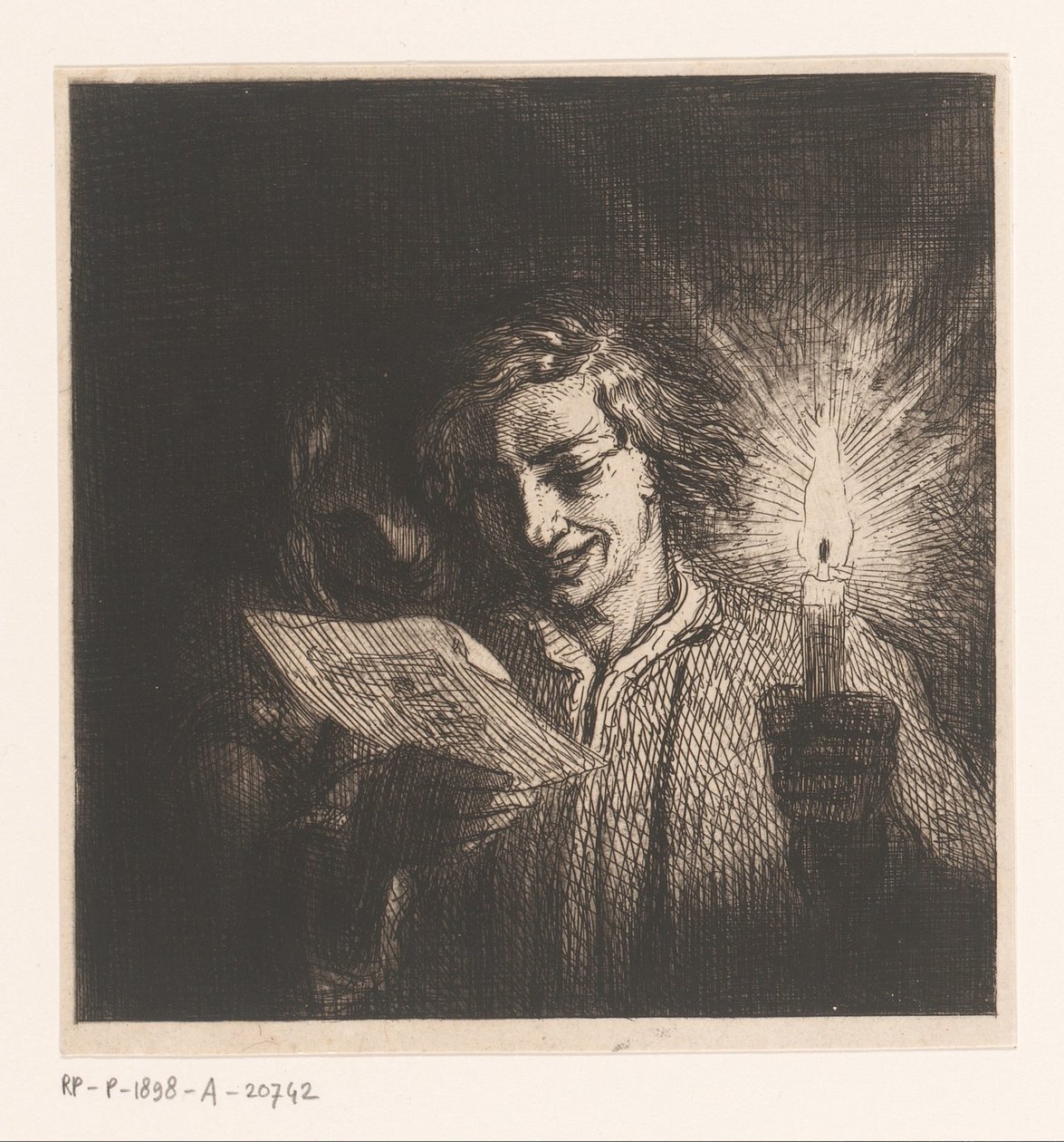 Két betűolvasó figura gyertyafénynél alkotó: Charles Emile Jacque