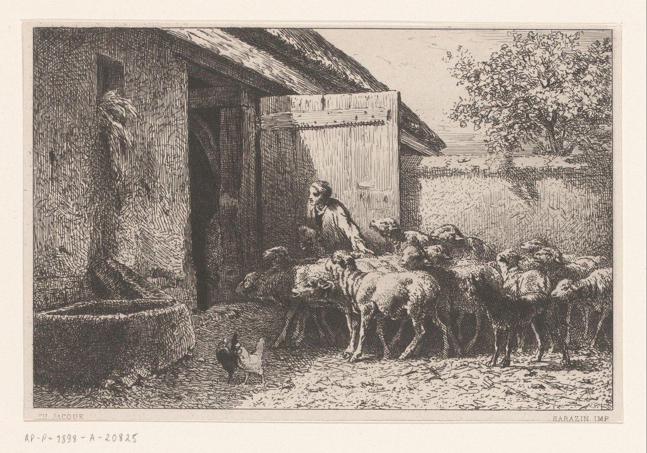 Nő vezeti a juhokat az istállóba Bergerie alkotó: Charles Emile Jacque
