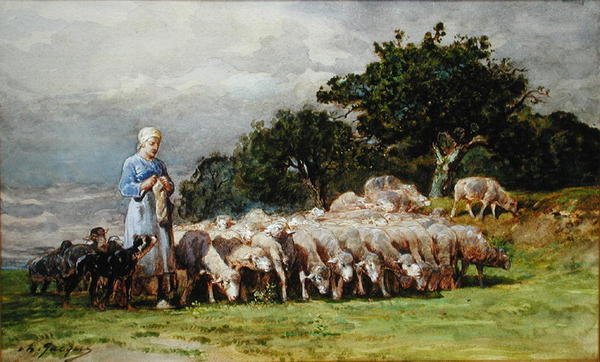Pásztorlány birkanyájjal (akvarell papíron) alkotó: Charles Emile Jacques