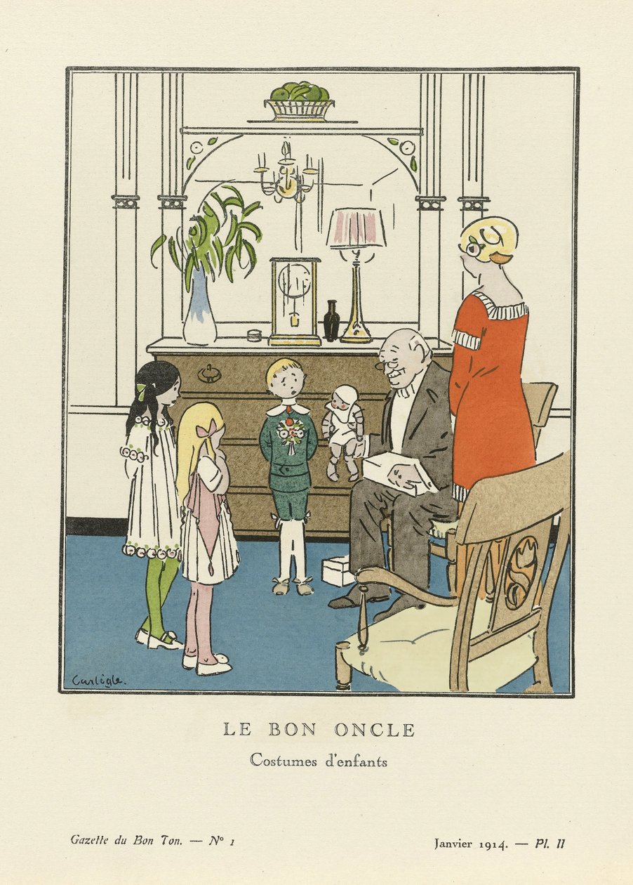 A jó bácsi. Gyermek jelmezek a La Gazette du Bon Ton kocsmából. 1914 (sablonnyomat) alkotó: Charles Emile called Carlegle Egli