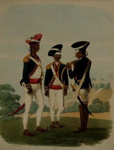 A Gurcasear-hadtest tisztjei és közlegénye, Madras, 37. tábla az „Oriental Drawings”-ből, Thomas Medland (1755-1823) kocsma metszete. 1806 (akvatinta) alkotó: Charles Emilius (after) Gold