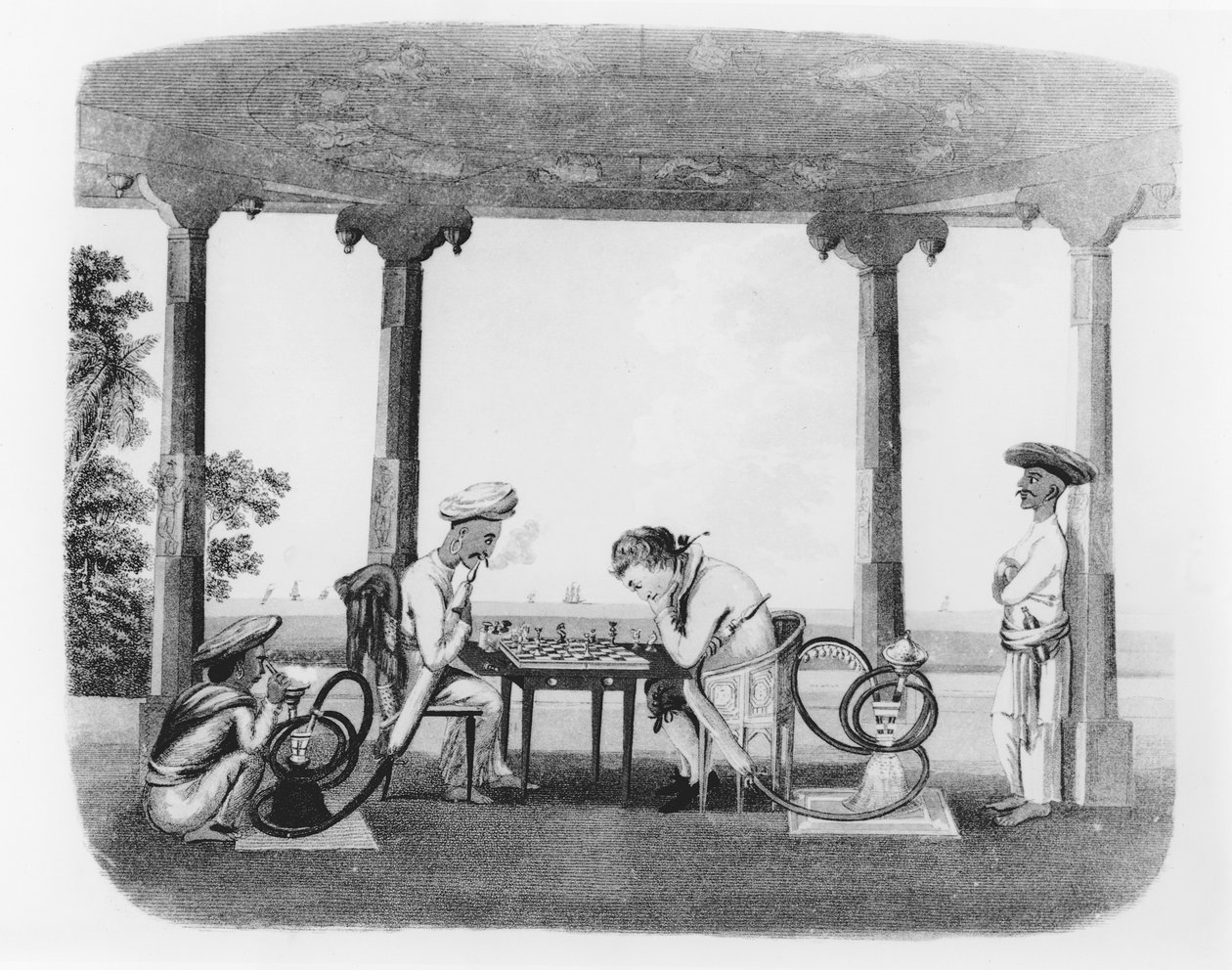 Smoking the Hookah, 43. tábla az „Oriental Drawings”-ből, T. Rickards metszete, pub. 1806 (akvatinta) alkotó: Charles Emilius Gold