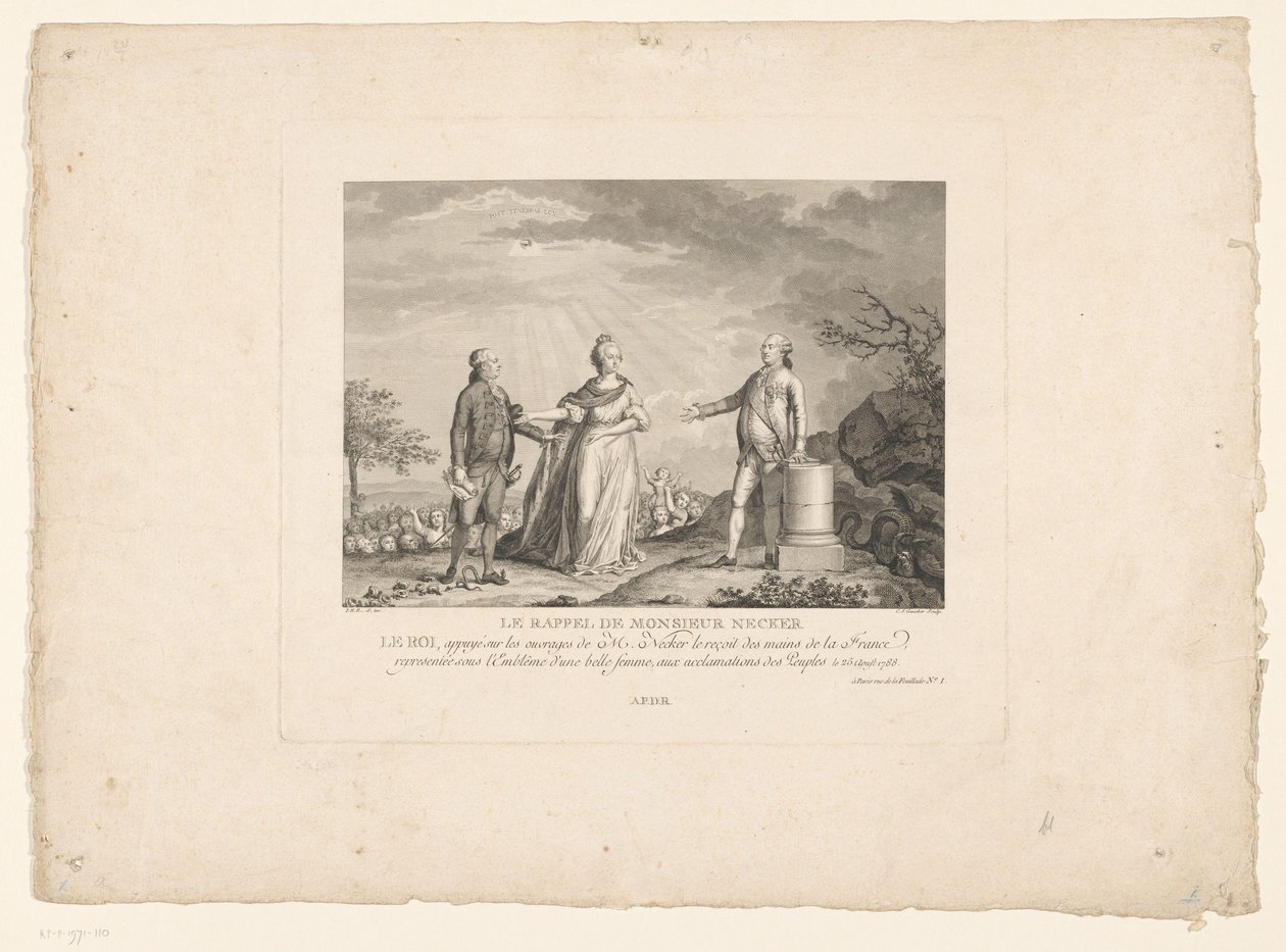 Jacques Necker hazatérése, 1788 Monsieur Necker visszahívása (cím a tárgyon) alkotó: Charles Etienne Gaucher