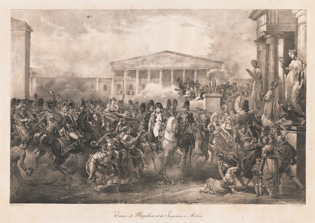 Napóleon és Josephine belépése Milánóba, 19. század eleje (litho) alkotó: Charles Etienne Pierre Motte