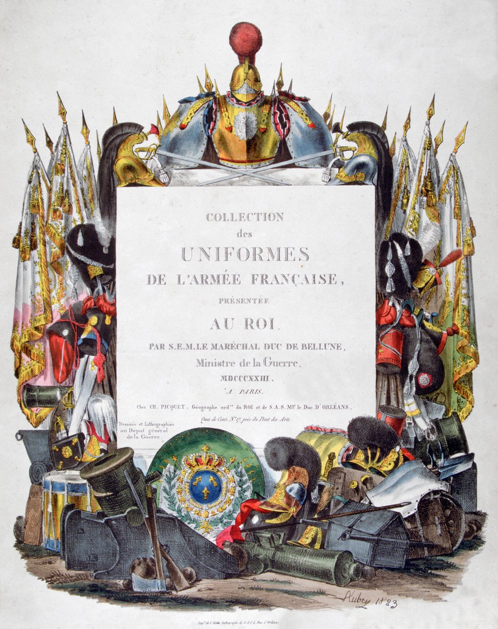 A francia hadsereg egyenruha-gyűjteményének előlapja, amelyet a királynak ajándékoztak, 1823. alkotó: Charles Etienne Pierre Motte