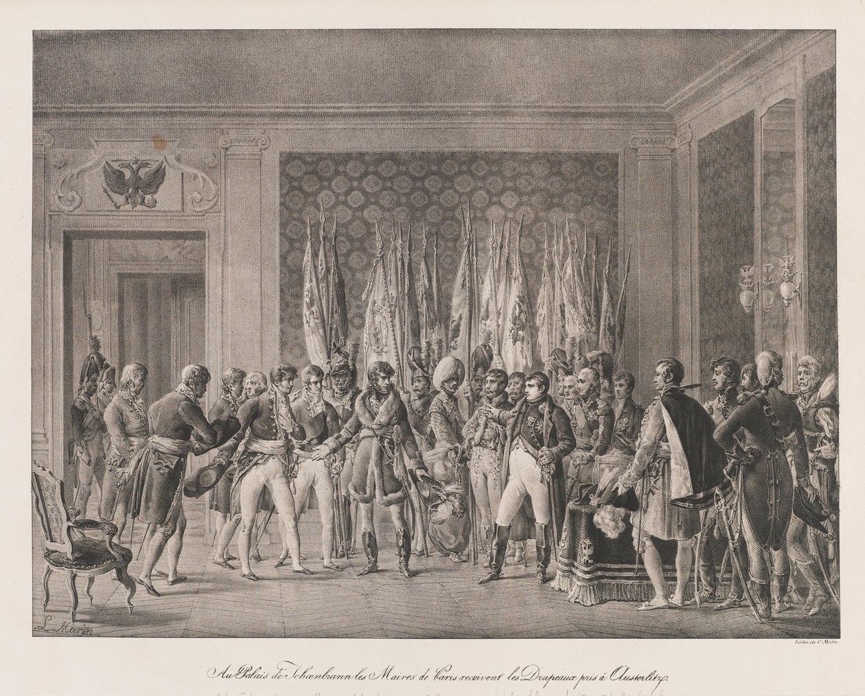 A párizsi Maires megkapta Austerlitz zászlóját, 19. század eleje (litho) alkotó: Charles Etienne Pierre Motte