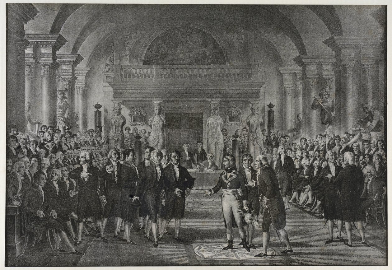 Bonaparte Napóleon fogadása az Intézetben, fizika-matematika osztály, mechanikus művészetek szekciója december 25-én alkotó: Charles Etienne Pierre Motte
