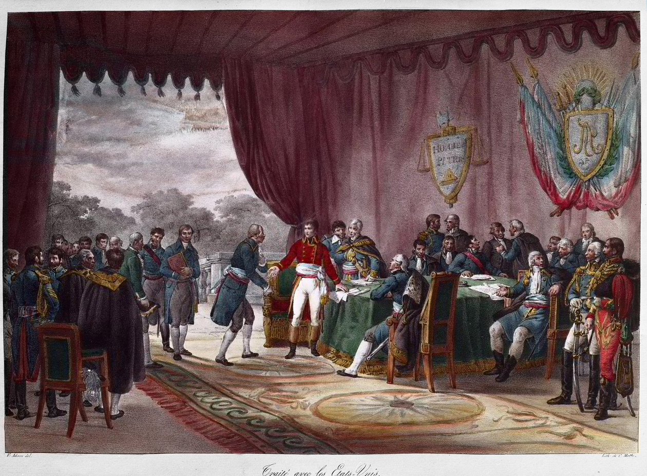 A Mortefontaine-i Szerződés aláírása 1800. szeptember 30-án Joseph Bonaparte (1768-1844) és az Egyesült Államok között; Louisiana eladása Amerikának – Signature du Treat de Mortefontaine 1800.09.30-án, amelynek során Franciaország (képviselője Joseph Bo alkotó: Charles Etienne Pierre Motte