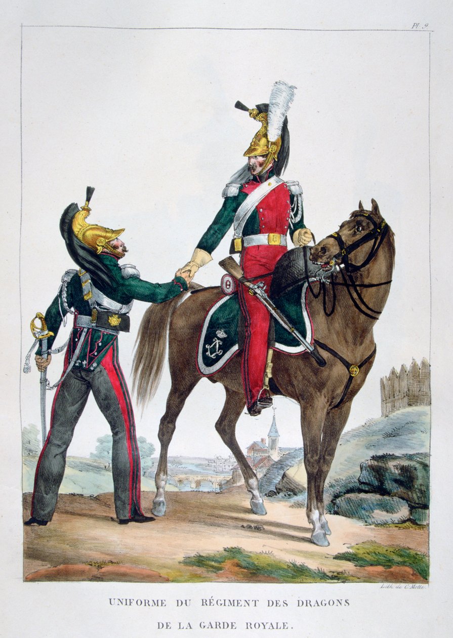 A királyi gárda dragonyosezredének egyenruhája, Franciaország, 1823. alkotó: Charles Etienne Pierre Motte