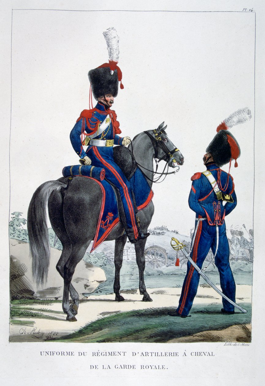 A királyi gárda lovas tüzérségi ezredének egyenruhája, Franciaország, 1823. alkotó: Charles Etienne Pierre Motte