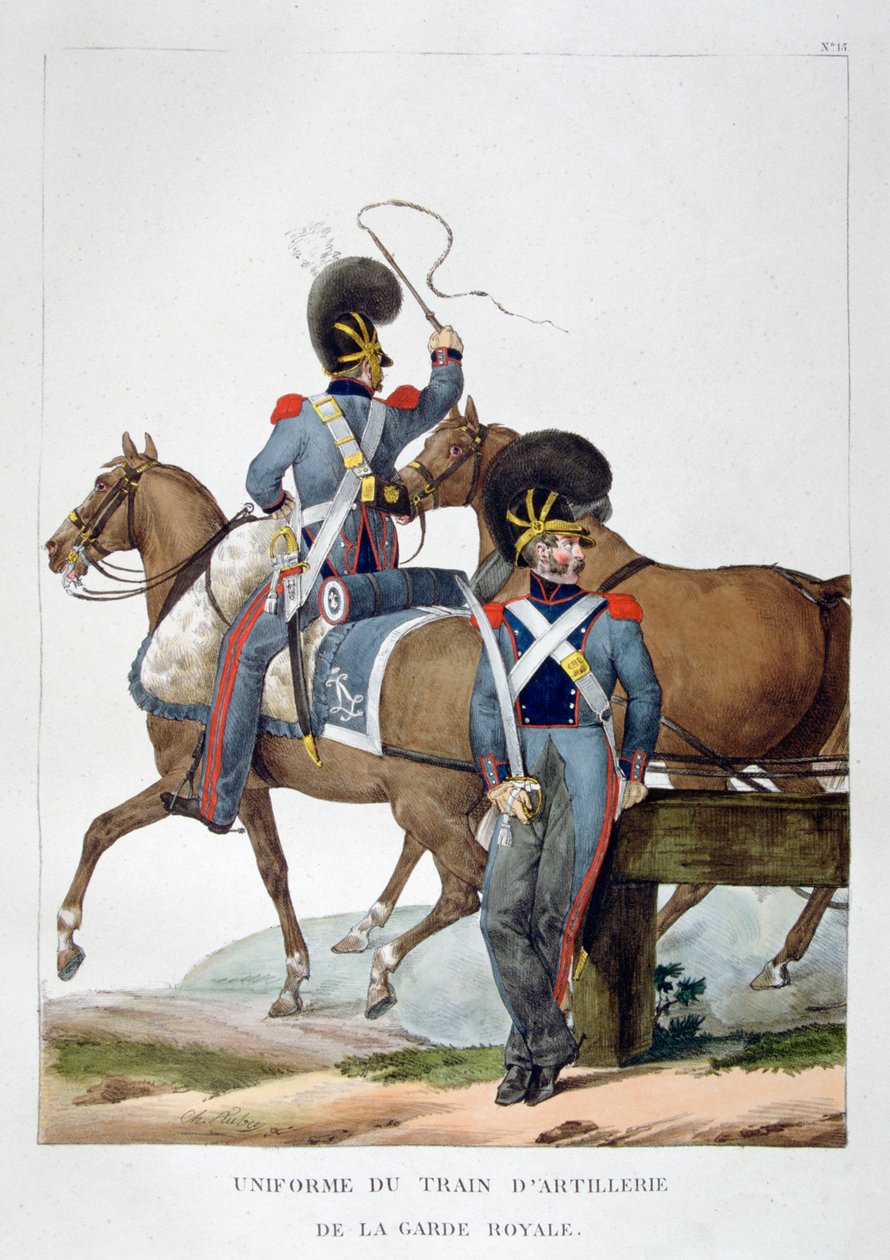 A királyi gárda lovas tüzérvonatának egyenruhája, Franciaország, 1823. alkotó: Charles Etienne Pierre Motte