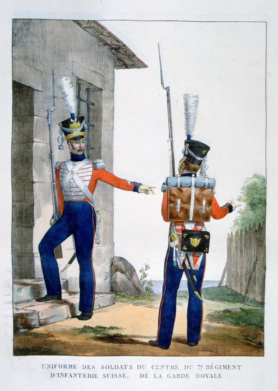 A királyi gárda svájci 7. gyalogezredének egyenruhája, Franciaország, 1823. alkotó: Charles Etienne Pierre Motte