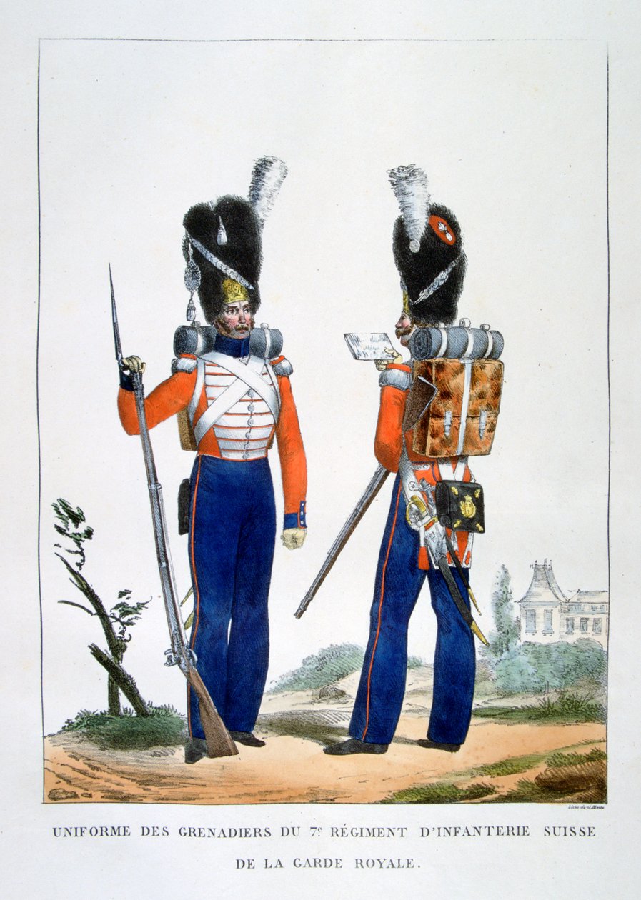 A svájci gránátosok, a királyi gárda 7. gyalogezredének egyenruhája, Franciaország, 1823. alkotó: Charles Etienne Pierre Motte
