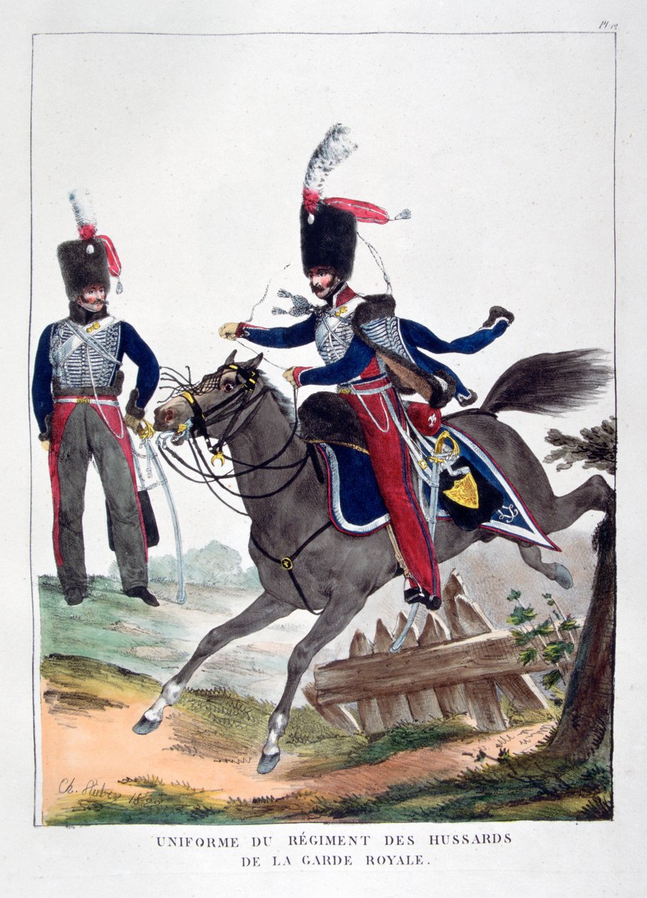 A francia királyi gárda huszárezredének egyenruhája, 1823. alkotó: Charles Etienne Pierre Motte