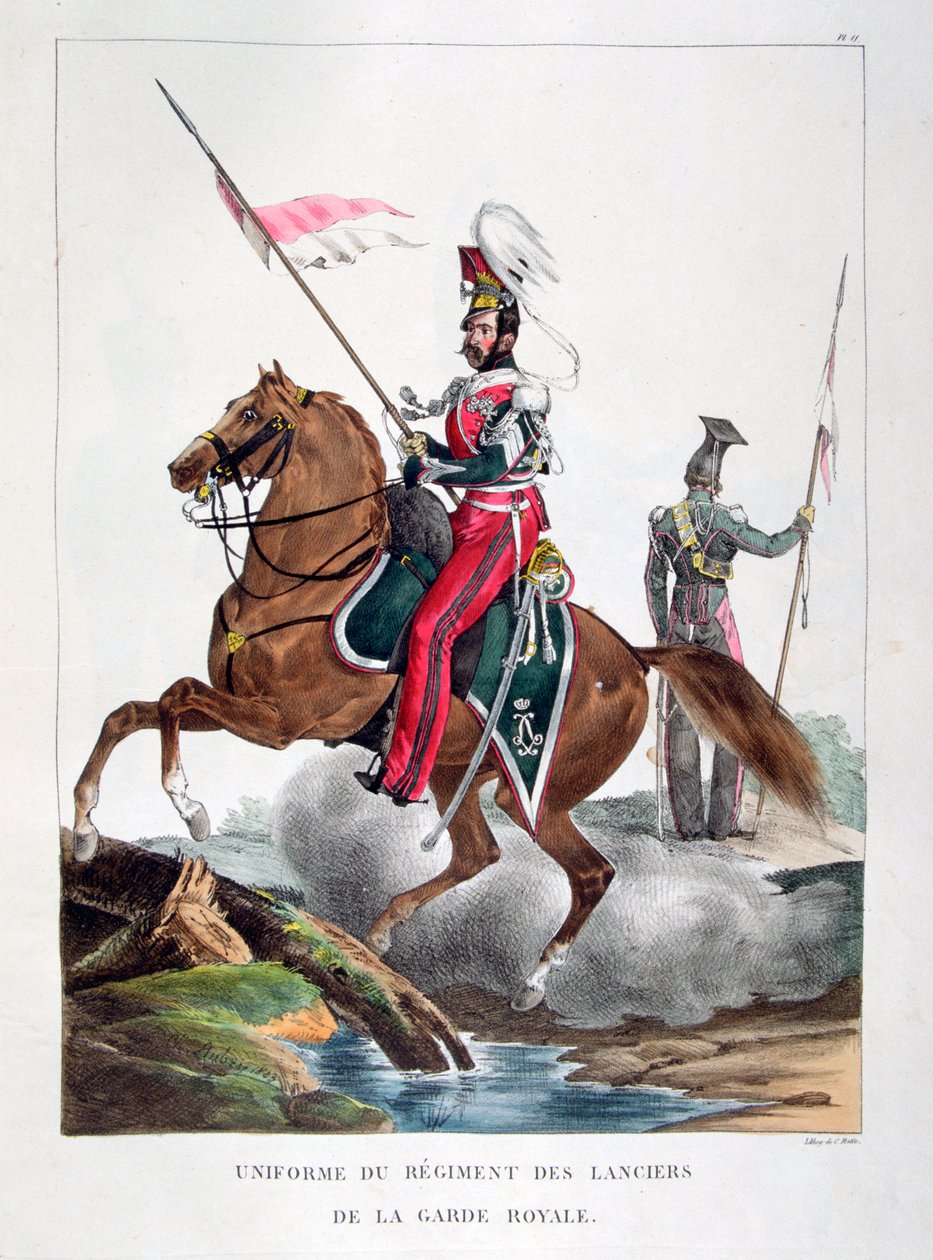 A francia királyi gárda lándzsás ezredének egyenruhája, 1823. alkotó: Charles Etienne Pierre Motte