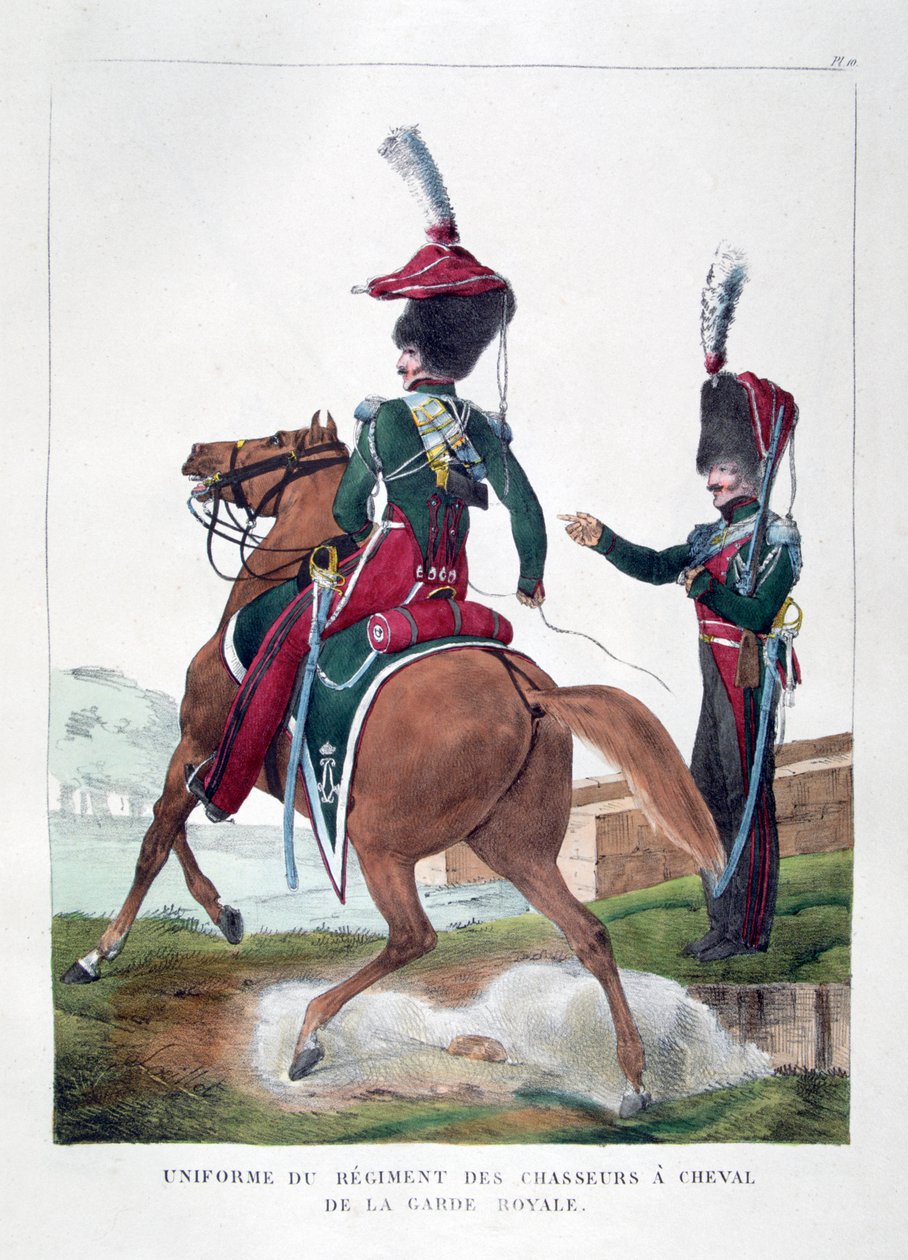 A francia királyi gárda lovas hajtó ezredének egyenruhája, 1823. alkotó: Charles Etienne Pierre Motte