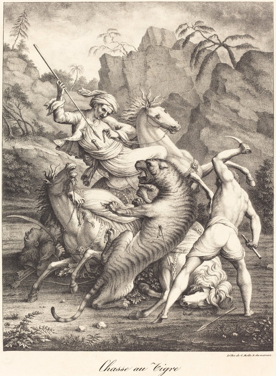 Tigrisvadászat alkotó: Charles Etienne Pierre Motte after Auguste Jacques Regnier