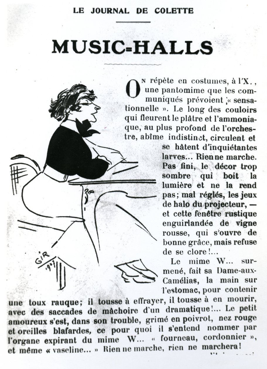 Colette karikatúrája a Vrilles de la Vigne-i zenecsarnokokról szóló esszéjéből, amely a párizsi La Vie Parisienne-ben jelent meg, 1908 alkotó: Charles Felix Gir